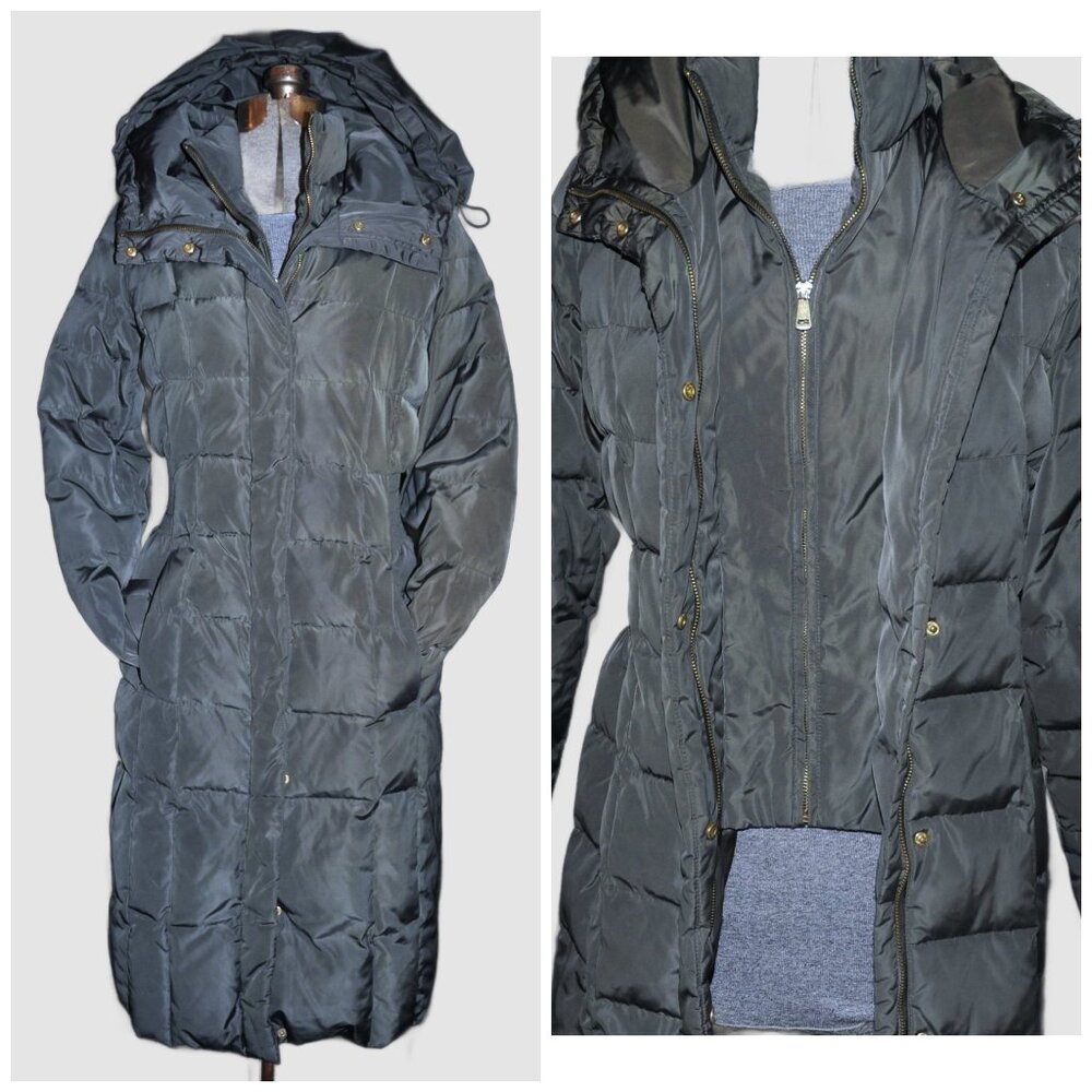 Womens Cole Haan Signature Hooded Long Down Puffer Coat Size S/P Gray/Olive